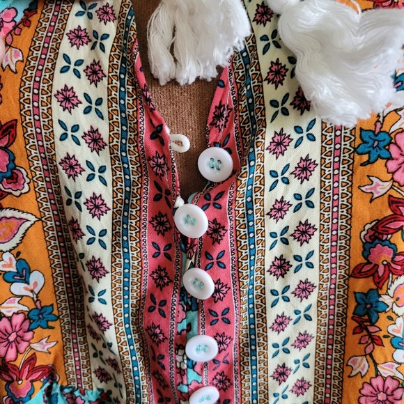 SHEIN Women XL Boho Floral Tassel Tie Tunic Top Turquoise Orange Mixed Print - Picture 3 of 9